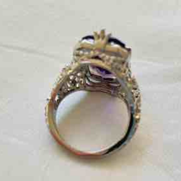 Large  Silver Tone Clear Purple Stone Ring with CZ Accent / Antique Reproduction - Picture 8 of 14